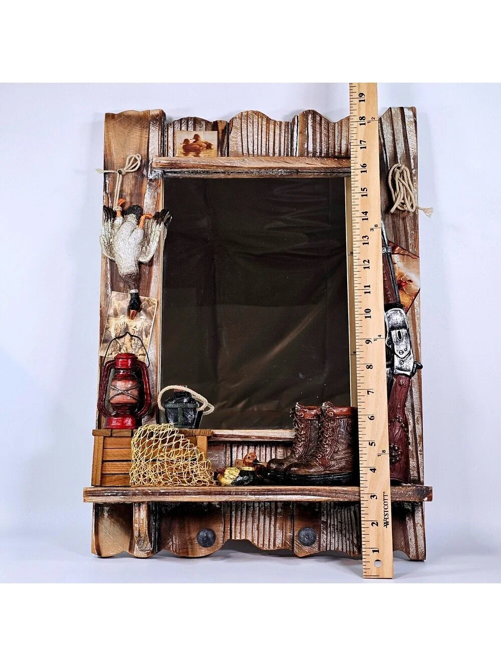 Rustic Hunting Fishing Wall Mirror Lodge Cabin Decor with Shelf and Hooks 19in